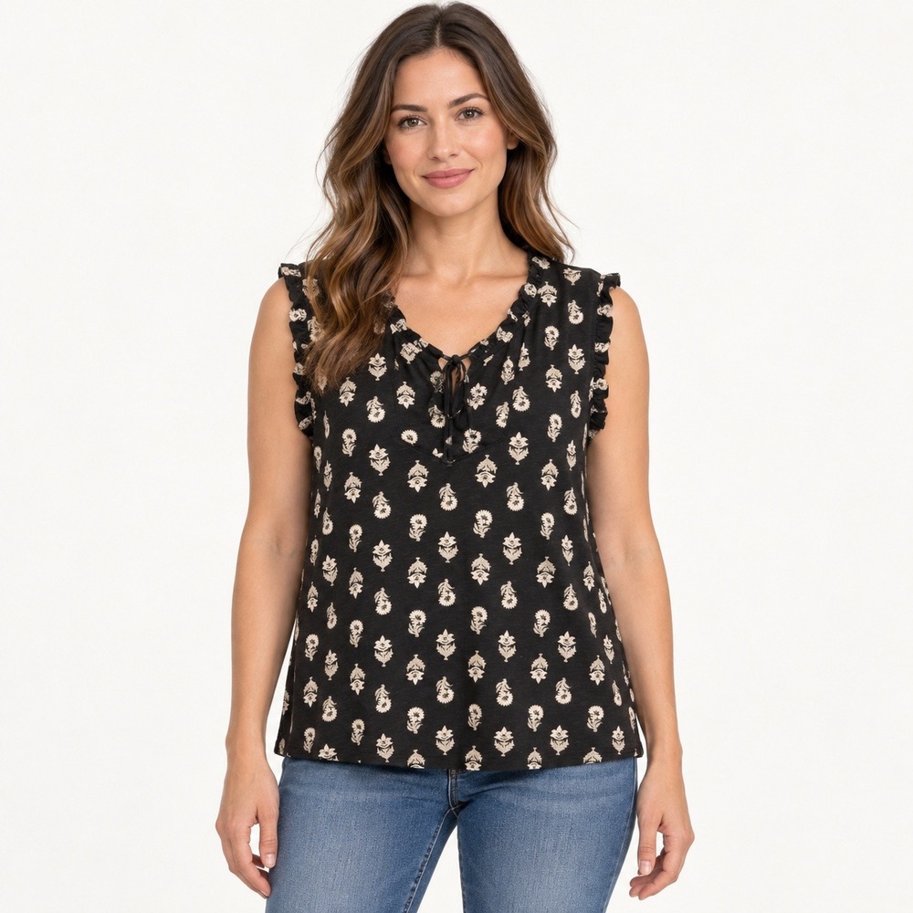 Lucky Brand Womens Black Floral Ruffle Sleeveless Tie Neck Top Size M